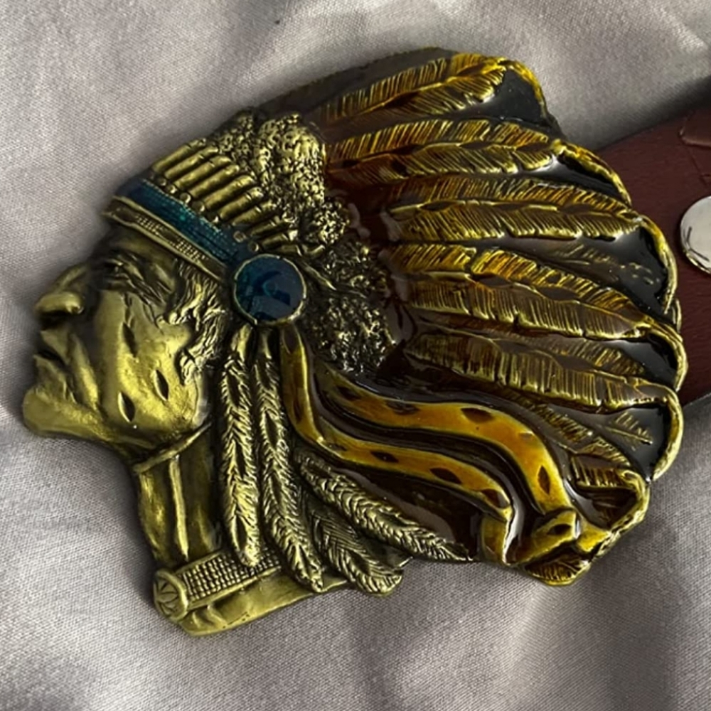 New gold Native warrior Chief belt buckle.  Silver available as seen last pic